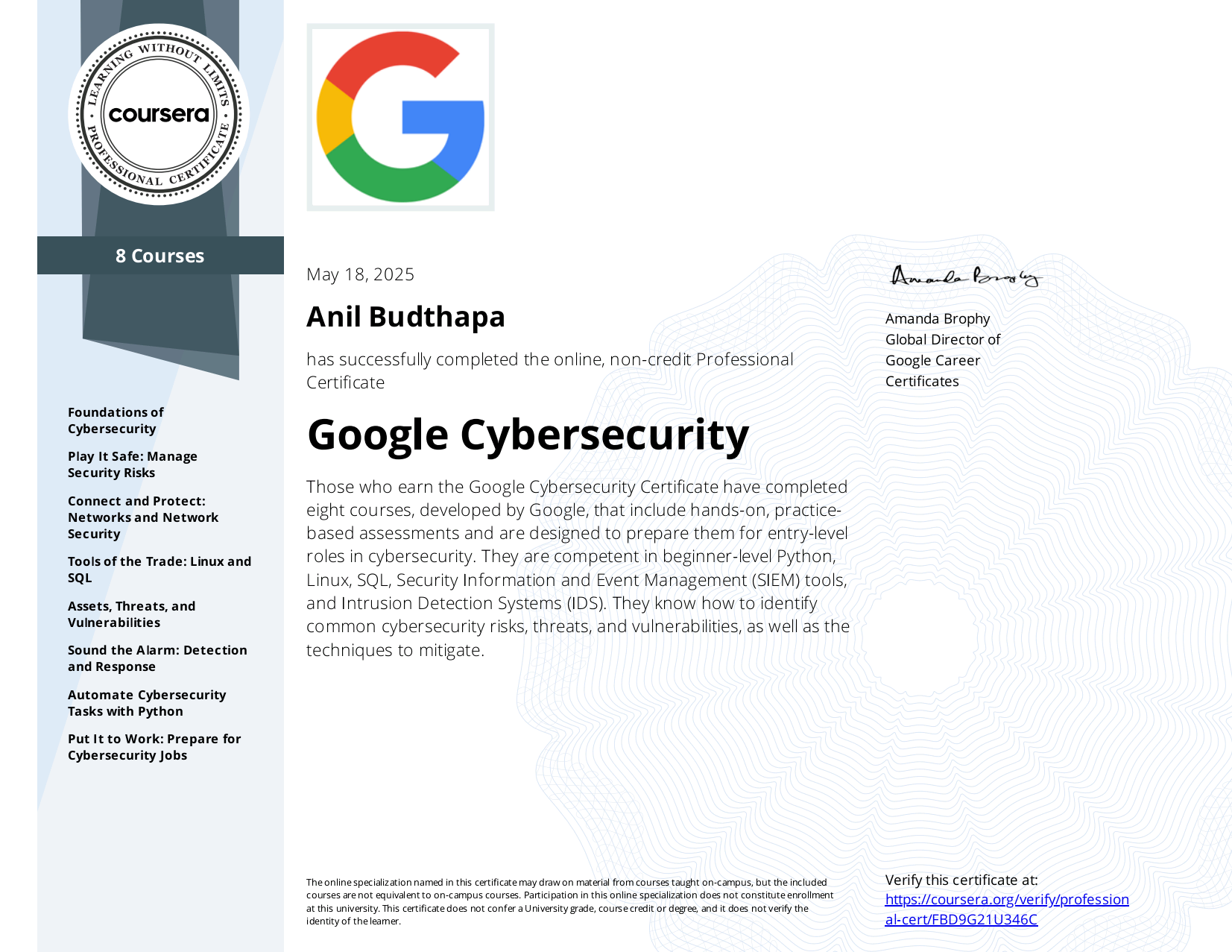 Google Cybersecurity certificate